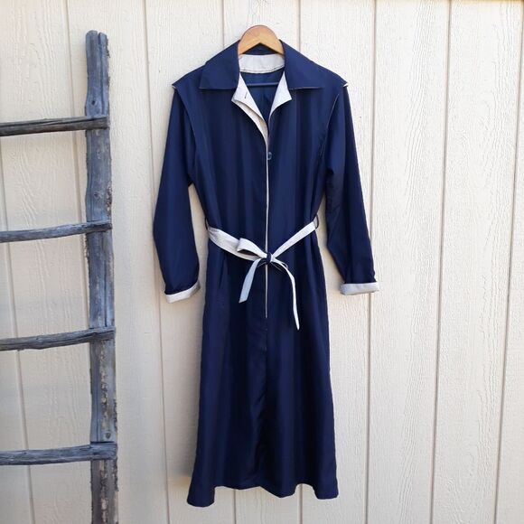 Vtg Trench Rain Coat Long Belted Sailor Back Color Blocked Black Cream Sz 6T - Picture 4 of 13